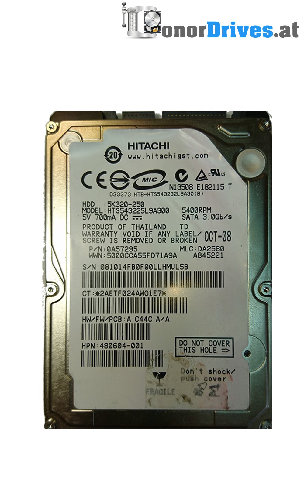 Hitachi HTS545025B9SA02 250GB 5400RPM SATA 3.0GB/s 2.5" Hard Drive #H002 