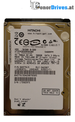 Hitachi HTS545050A7E362- Z5K500-500 - SATA - 500 GB - 220 0A90350 01 Rev. 
